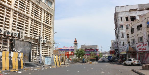 A picture shows mostly deserted streets in the Crater district of the southern Yemeni city of Aden, on October 3, 2021, following clashes between armed groups affiliated with the separatist Southern Transitional Council (STC). (Photo by Saleh Al-OBEIDI / AFP)